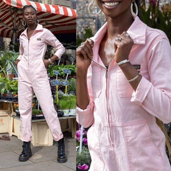 Run and Fly Women’s Pastel Pink Cotton Twill Zip Up Boiler Long Sleeve Jumpsuit - Picture 1 of 11
